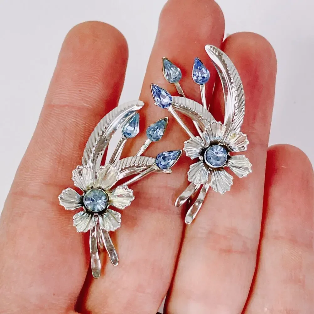 Vintage Mid Century Floral Spray Earrings Silver Tone Blue Rhinestone Screwback